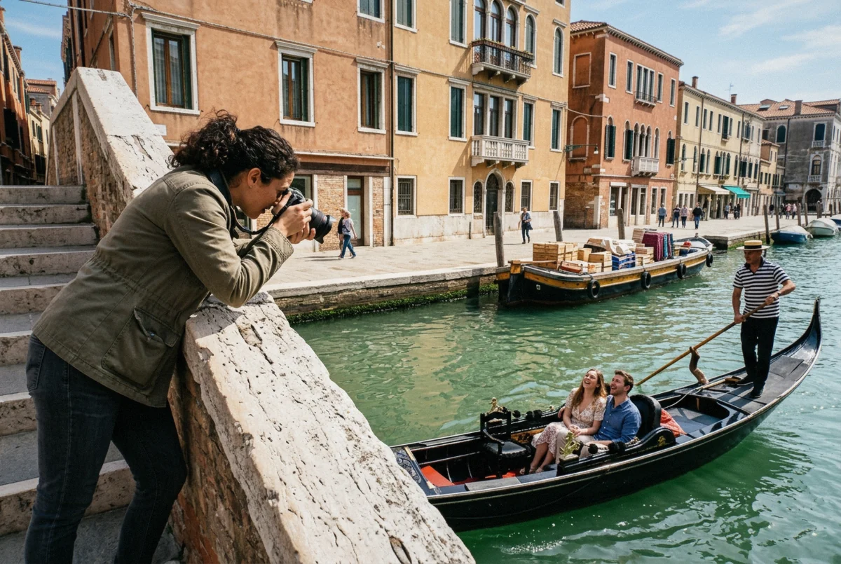 A gondola waiting at a stazio pontoon with the municipal tariff table posted, showing the cost of a gondola ride in Venice