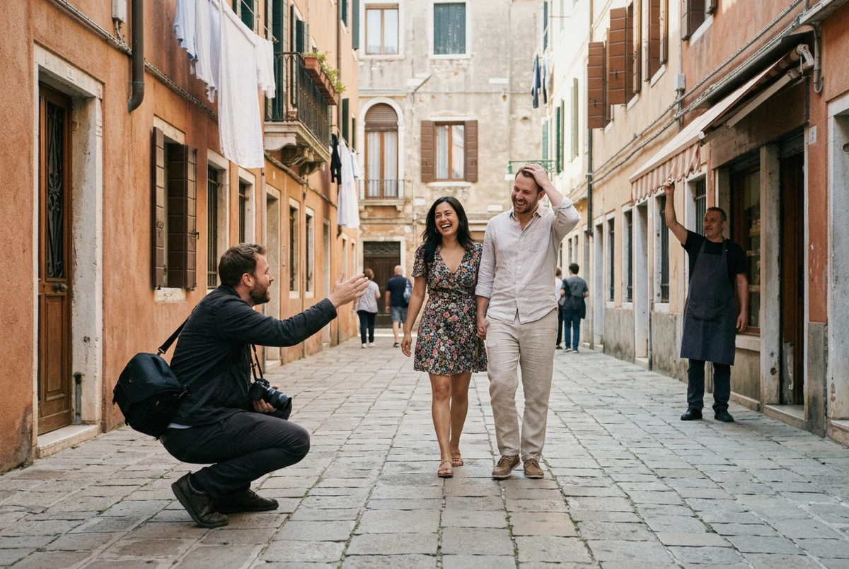 A photographer mid-direction with a couple on a quiet Venice fondamenta, camera lowered, talking through the next pose for a Venice photoshoot