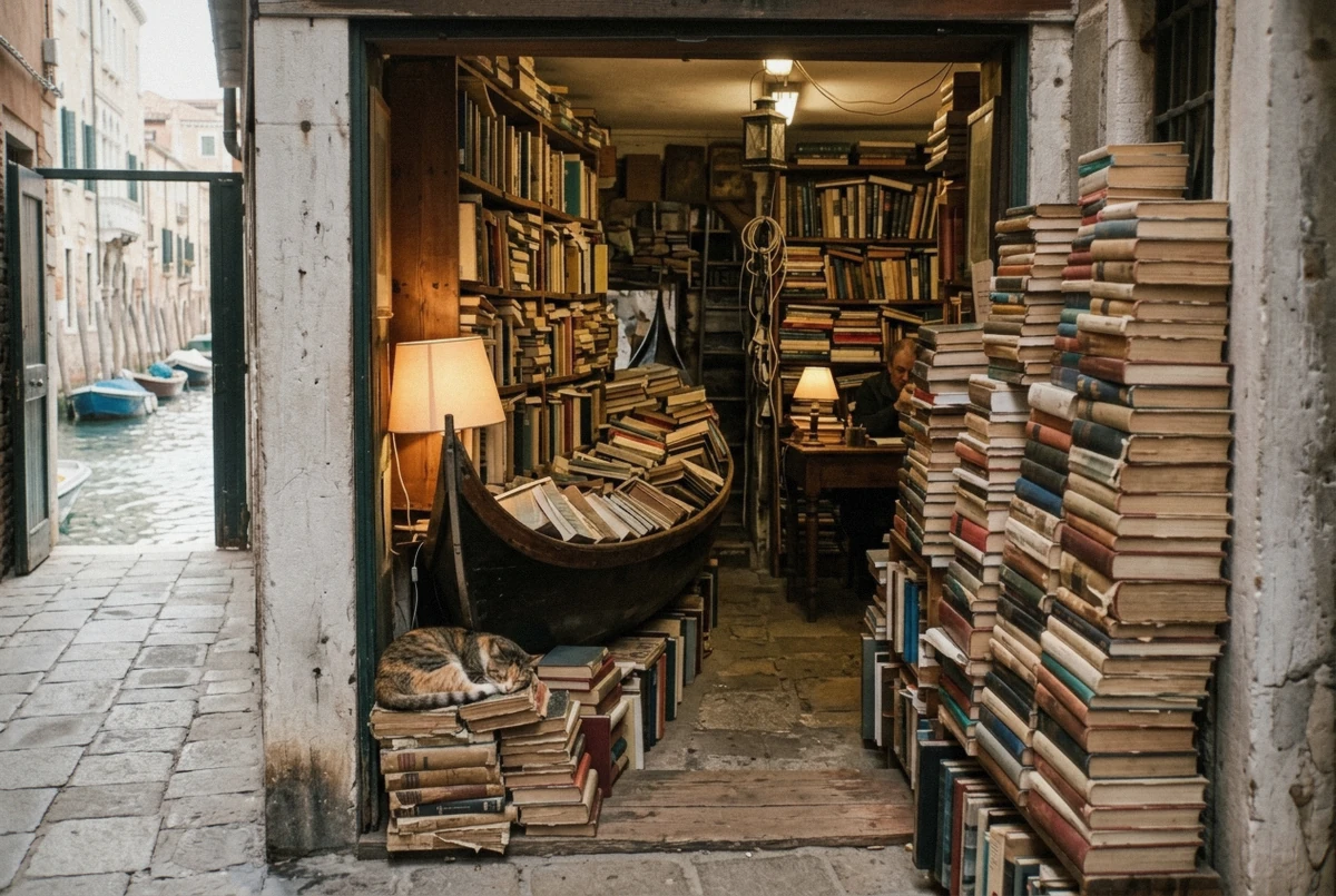 Gondola full of books inside Libreria Acqua Alta on the cinematic photoshoot Venice hidden-gems route