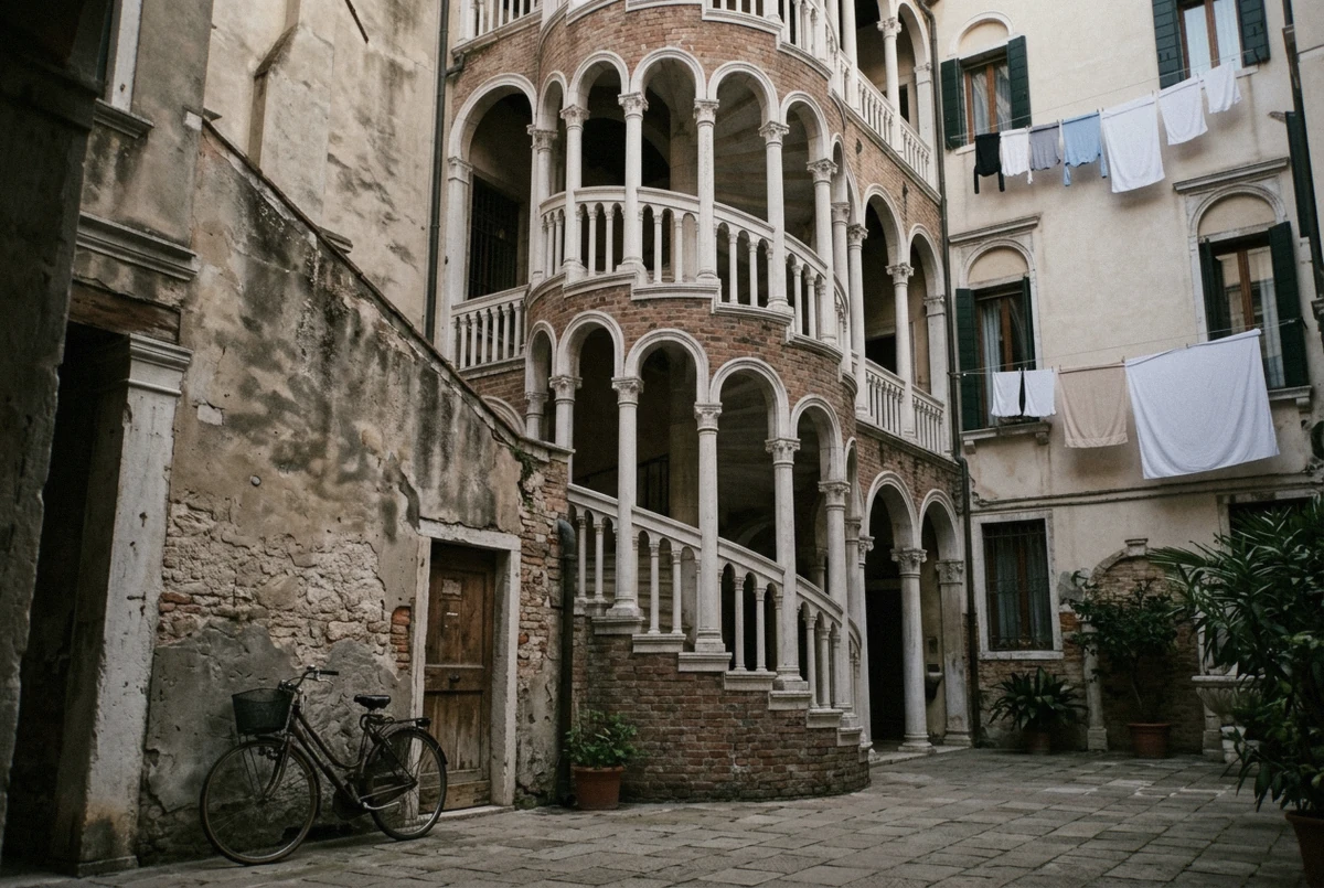 Scala Contarini del Bovolo spiral staircase, the signature hidden-gem stop of this cinematic photoshoot in Venice