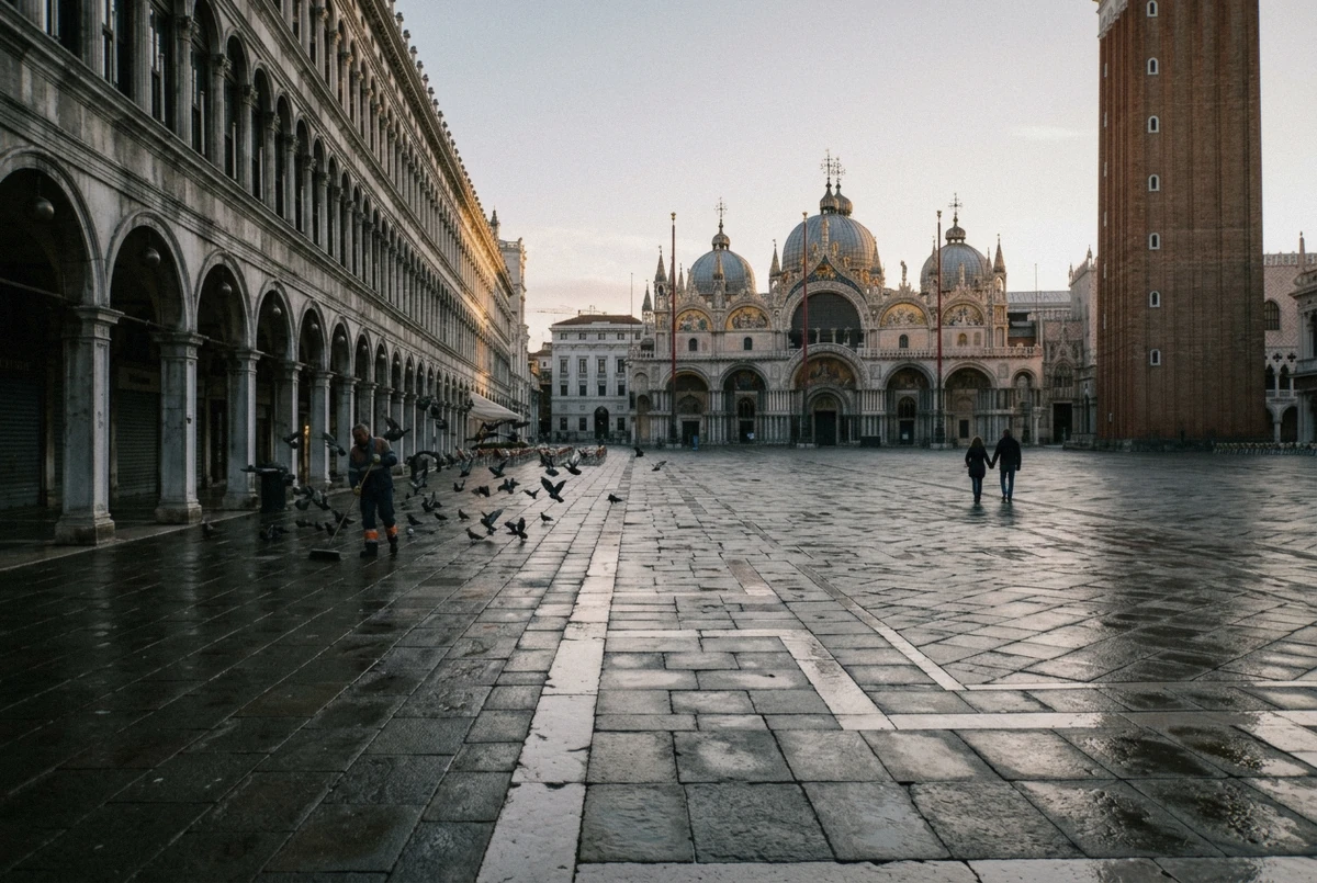 Empty Piazza San Marco arcades in early light, a core area on this venice instagram photoshoot route